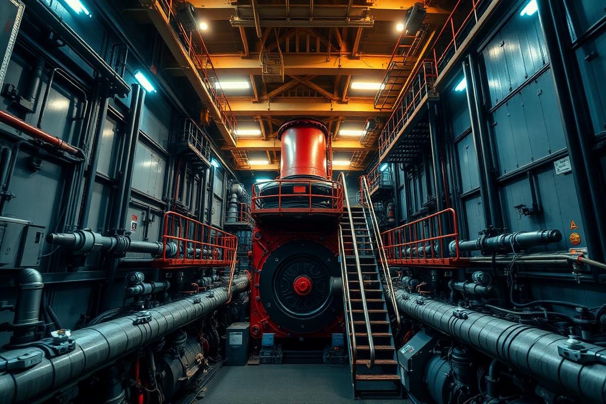 Container ship engine room with steel catwalks